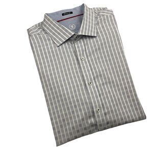 BUGATCHI UOMO Men’s Long Sleeve Button Up Striped White Blue Reversible Cuff-XL